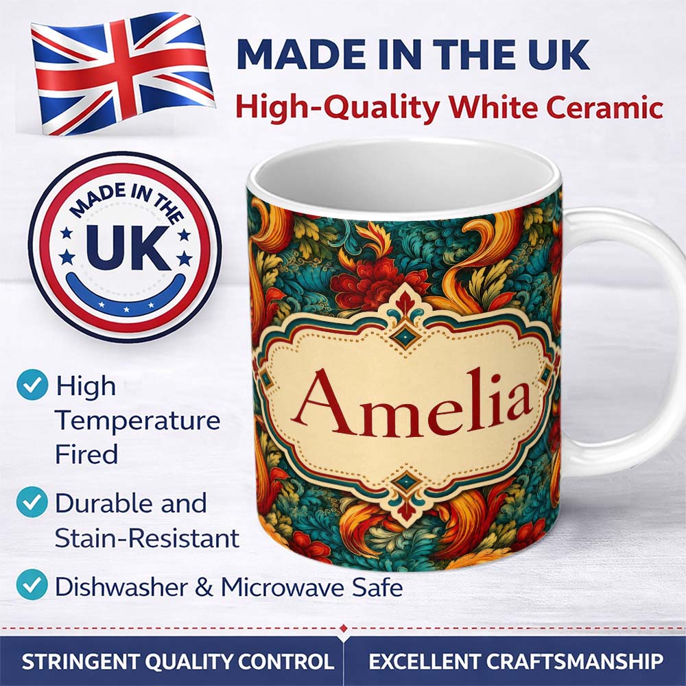 Personalized Custom Name Teal Orange Baroque Floral Swirl Seamless Pattern Cute Unique Gift 11oz Ceramic Coffee Tea Mug White Large Handle