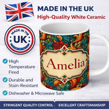 Personalized Custom Name Teal Orange Baroque Floral Swirl Seamless Pattern Cute Unique Gift 11oz Ceramic Coffee Tea Mug White Large Handle