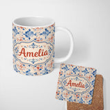Personalized Custom Name Bold Vintage Tile Red Navy Ornamental Seamless Pattern Lovely 11oz Ceramic Coffee Tea Mug White Large Handle