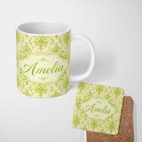 Personalized Custom Name Distressed Vintage Green Damask Ornamental Seamless Pattern Lovely 11oz Ceramic Coffee Tea Mug White Large Handle