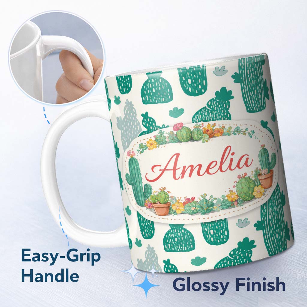 Personalized Custom Name Minimalist Cactus Desert Pattern Green Botanical Seamless Design 11oz Ceramic Coffee Tea Mug White Large Handle