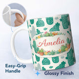 Personalized Custom Name Minimalist Cactus Desert Pattern Green Botanical Seamless Design 11oz Ceramic Coffee Tea Mug White Large Handle