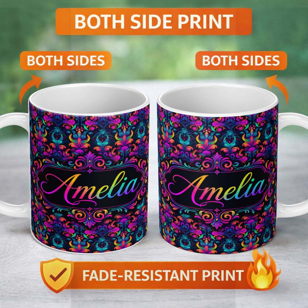 Personalized Custom Name Vibrant Neon Baroque Floral Damask Seamless Pattern Cute Unique Gift 11oz Ceramic Coffee Tea Mug White Large Handle
