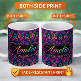 Personalized Custom Name Vibrant Neon Baroque Floral Damask Seamless Pattern Cute Unique Gift 11oz Ceramic Coffee Tea Mug White Large Handle