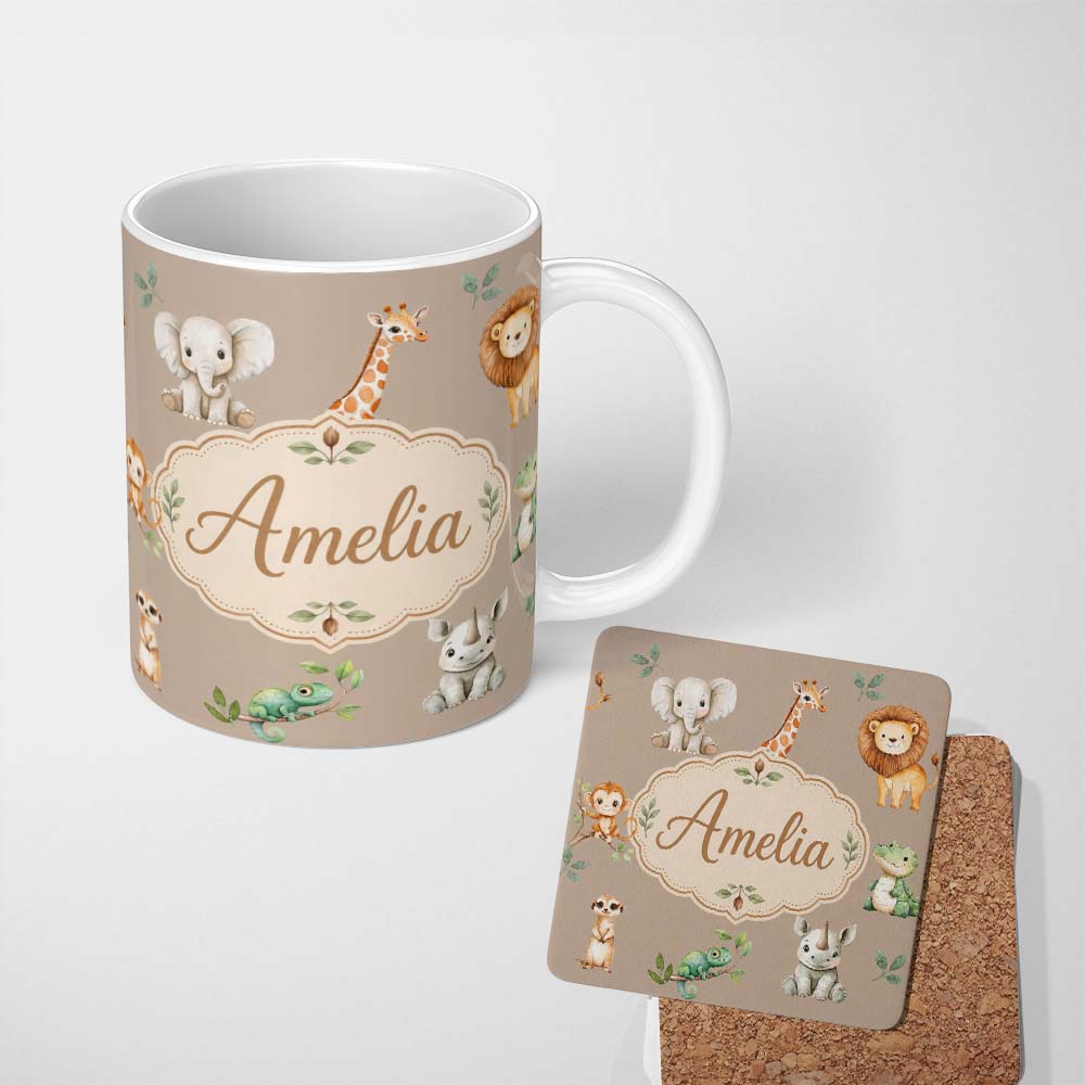 Personalized Custom Name Safari Animals with Elephant Lion and Crocodile on Warm Beige Lovely 11oz Ceramic Coffee Tea Mug White Large Handle