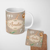 Personalized Custom Name Safari Animals with Elephant Lion and Crocodile on Warm Beige Lovely 11oz Ceramic Coffee Tea Mug White Large Handle
