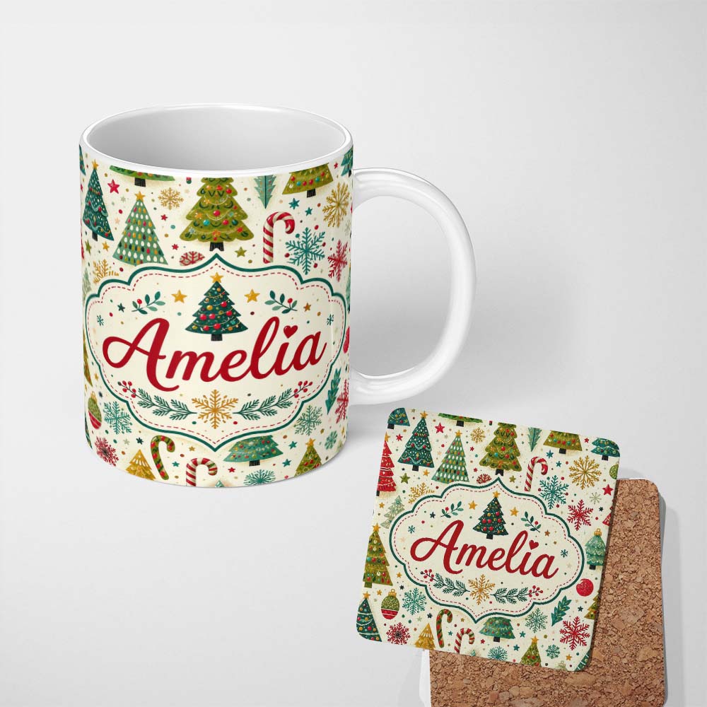 Personalized Custom Name Vintage Style Christmas Trees Snowflakes Candy Cane Seamless Pattern 11oz Ceramic Coffee Tea Mug White Large Handle