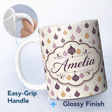 Personalized Custom Name Small Scale Onion Repeat Pattern Pastel and Mustard Tones Minimal 11oz Ceramic Coffee Tea Mug White Large Handle