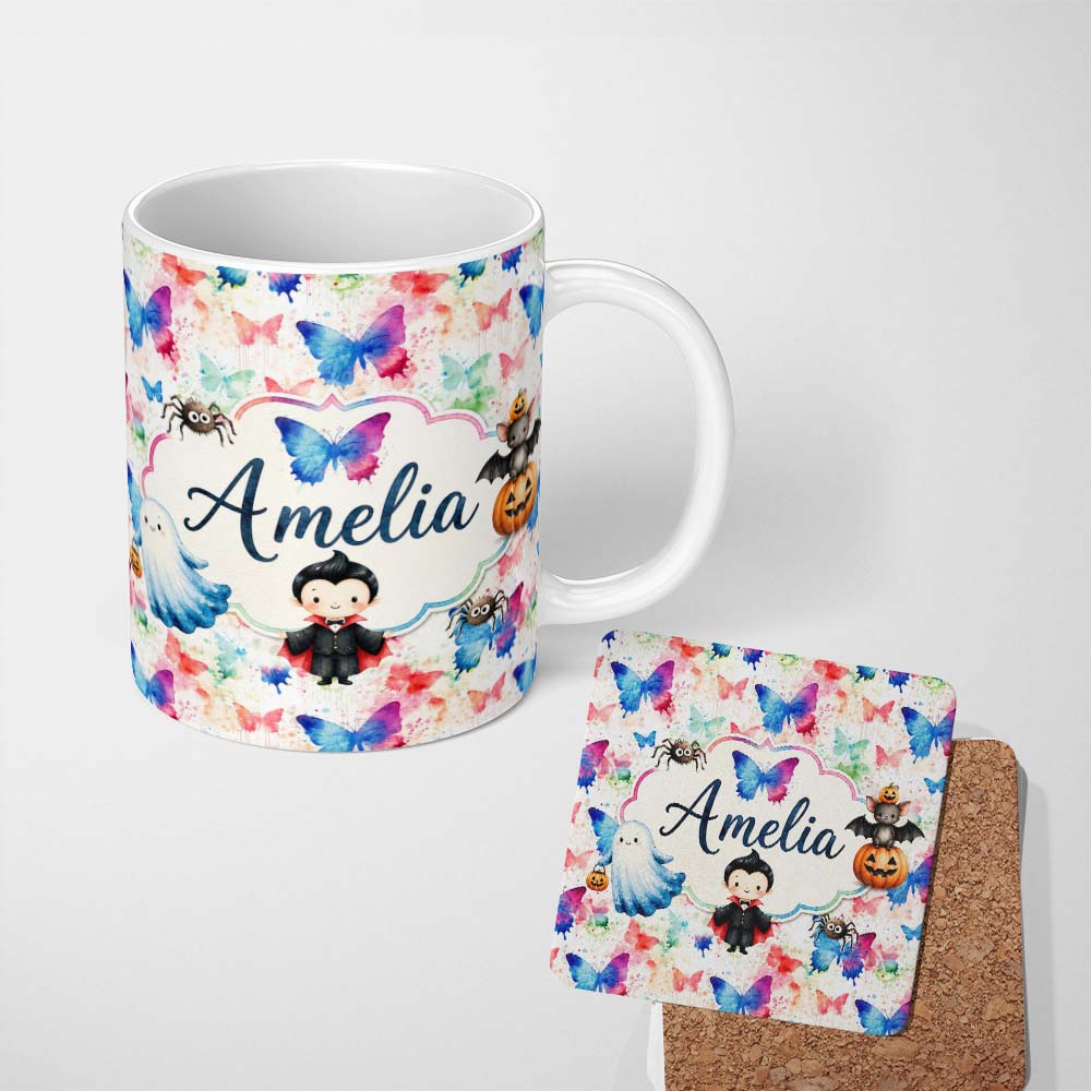 Personalized Custom Name Artistic Watercolor Butterflies with Paint Splash Effect Seamless 11oz Ceramic Coffee Tea Mug White Large Handle