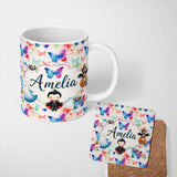 Personalized Custom Name Artistic Watercolor Butterflies with Paint Splash Effect Seamless 11oz Ceramic Coffee Tea Mug White Large Handle