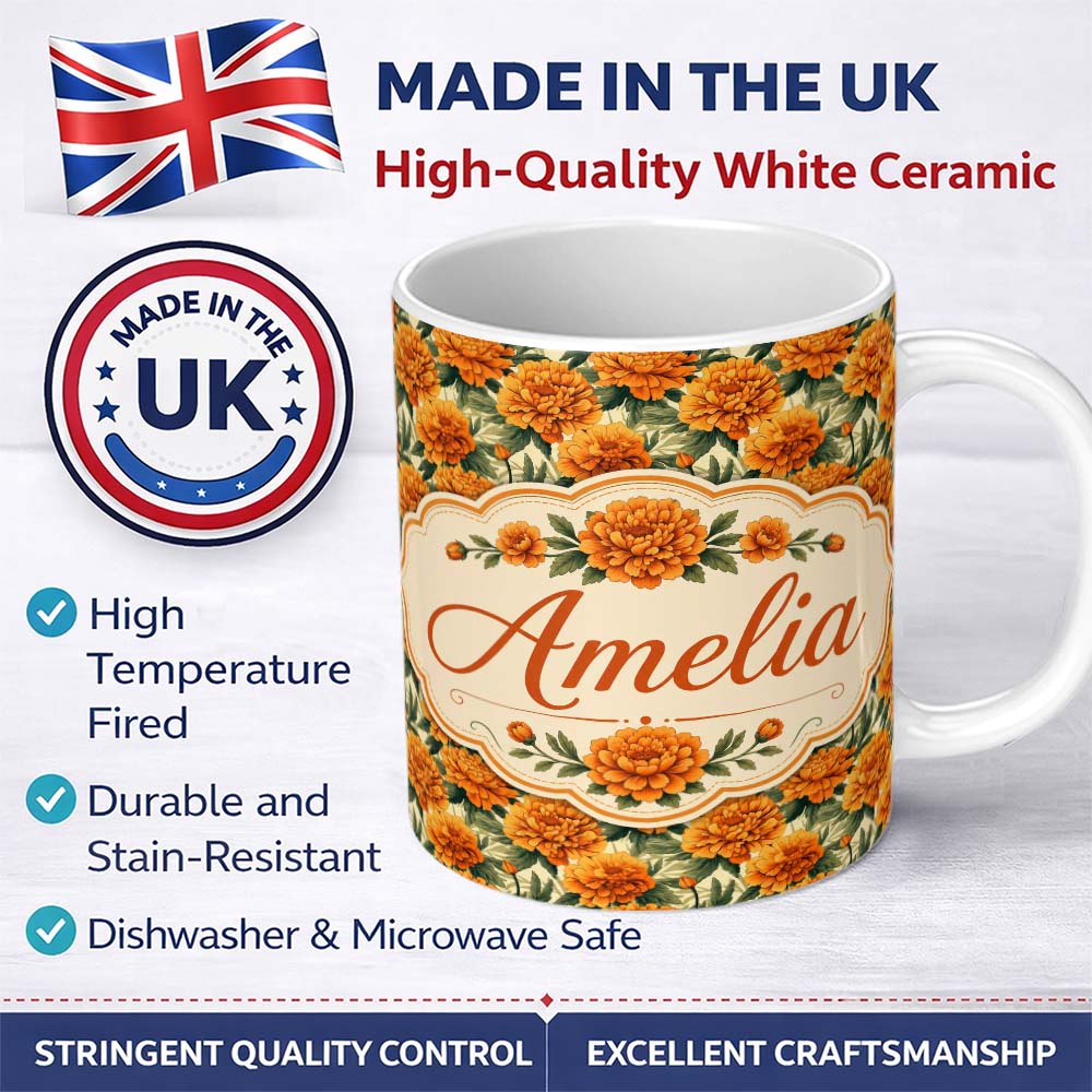Personalized Custom Name Orange Marigold Flower Garden Seamless Pattern Thoughtful Gift Idea 11oz Ceramic Coffee Tea Mug White Large Handle
