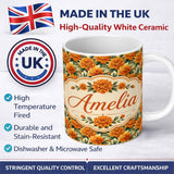Personalized Custom Name Orange Marigold Flower Garden Seamless Pattern Thoughtful Gift Idea 11oz Ceramic Coffee Tea Mug White Large Handle