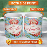 Personalized Custom Name Coral Protea Flowers on Soft Blue Background Seamless Botanical 11oz Ceramic Coffee Tea Mug White Large Handle