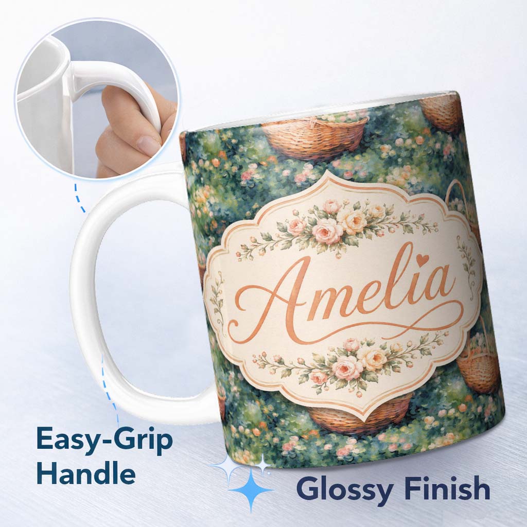 Personalized Custom Name Artistic Wicker Basket in Blooming Garden Seamless Pattern Lovely 11oz Ceramic Coffee Tea Mug White Large Handle