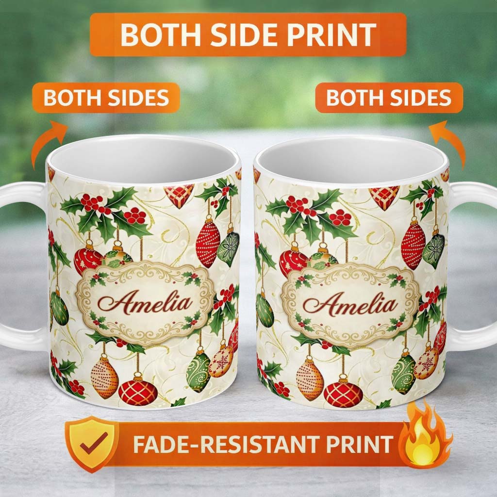 Personalized Custom Name Elegant Holly Leaves Red Green Baubles Seamless Pattern Lovely 11oz Ceramic Coffee Tea Mug White Large Handle