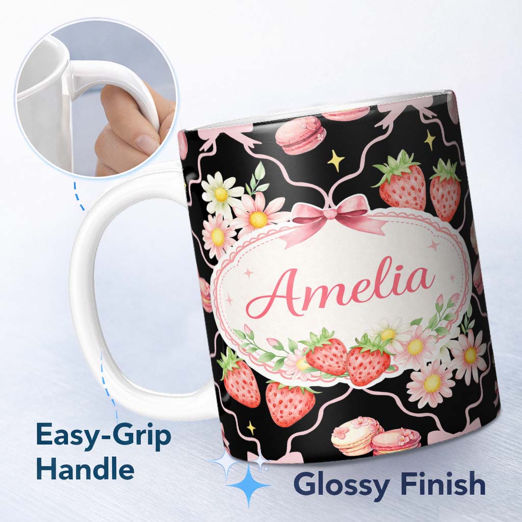 Personalized Custom Name Strawberry Cherry Daisy Soft Neutral Outline Cute Coquette Floral 11oz Ceramic Coffee Tea Mug White Large Handle