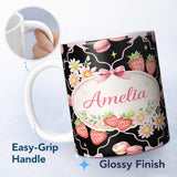 Personalized Custom Name Strawberry Cherry Daisy Soft Neutral Outline Cute Coquette Floral 11oz Ceramic Coffee Tea Mug White Large Handle