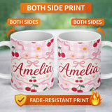 Personalized Custom Name Cute Cherry and Daisy Flowers with Pink Ribbon Bows Pink Gingham 11oz Ceramic Coffee Tea Mug White Large Handle