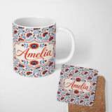 Personalized Custom Name Red and Blue Poppy Floral Pattern Elegant Botanical Seamless Design 11oz Ceramic Coffee Tea Mug White Large Handle
