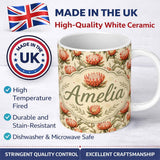 Personalized Custom Name Warm Orange Protea Flower Vintage Botanical Seamless Pattern Lovely 11oz Ceramic Coffee Tea Mug White Large Handle