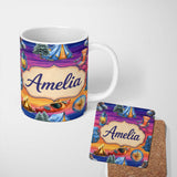 Personalized Custom Name Sunset Camping Outdoor Equipment Seamless Pattern Cute Unique Gift 11oz Ceramic Coffee Tea Mug White Large Handle