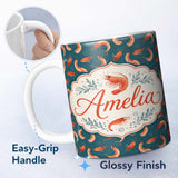Personalized Custom Name Playful Red Shrimp on Teal Ocean Seamless Pattern Cute Unique Gift 11oz Ceramic Coffee Tea Mug White Large Handle