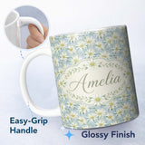 Personalized Custom Name White Floral on Soft Blue Background Seamless Pattern Lovely 11oz Ceramic Coffee Tea Mug White Large Handle