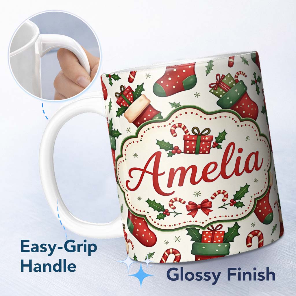 Personalized Custom Name Cute Christmas Stockings Gifts Candy Cane Holly Seamless Pattern 11oz Ceramic Coffee Tea Mug White Large Handle