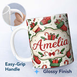 Personalized Custom Name Cute Christmas Stockings Gifts Candy Cane Holly Seamless Pattern 11oz Ceramic Coffee Tea Mug White Large Handle