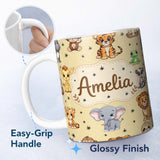 Personalized Custom Name Cute Jungle Baby Animals Lion Tiger Elephant Giraffe Pattern Beige 11oz Ceramic Coffee Tea Mug White Large Handle