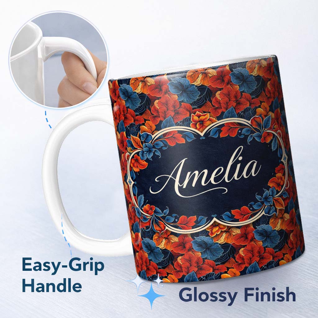 Personalized Custom Name Abstract Blue Orange Floral Artistic Seamless Pattern Lovely 11oz Ceramic Coffee Tea Mug White Large Handle