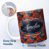 Personalized Custom Name Abstract Blue Orange Floral Artistic Seamless Pattern Lovely 11oz Ceramic Coffee Tea Mug White Large Handle