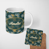 Personalized Custom Name Modern Teal Floral Pattern with White and Mustard Blossoms Minimal 11oz Ceramic Coffee Tea Mug White Large Handle