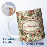 Personalized Custom Name Classic Vintage Christmas Toys Tree Santa Festive Seamless Pattern 11oz Ceramic Coffee Tea Mug White Large Handle