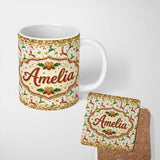 Personalized Custom Name Festive Reindeer Heart Gold Glitter Christmas Seamless Pattern 11oz Ceramic Coffee Tea Mug White Large Handle