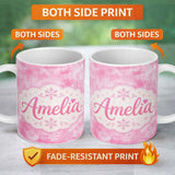 Personalized Custom Name Soft Pink Winter Snowflakes Dreamy Glow Seamless Pattern Lovely 11oz Ceramic Coffee Tea Mug White Large Handle