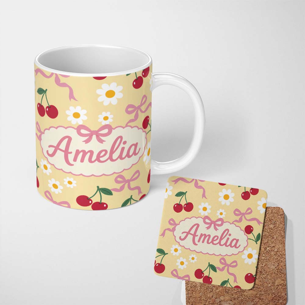 Personalized Custom Name Cute Cherry Bow and Daisy Seamless Pattern on Yellow Lovely 11oz Ceramic Coffee Tea Mug White Large Handle