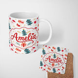 Personalized Custom Name Cute Snowman Santa Tree Gifts Stars Holiday Seamless Pattern Lovely 11oz Ceramic Coffee Tea Mug White Large Handle