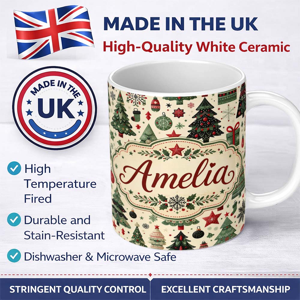 Personalized Custom Name Christmas Trees Stars Gifts Ornaments Seamless Pattern Holiday 11oz Ceramic Coffee Tea Mug White Large Handle