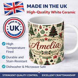 Personalized Custom Name Christmas Trees Stars Gifts Ornaments Seamless Pattern Holiday 11oz Ceramic Coffee Tea Mug White Large Handle