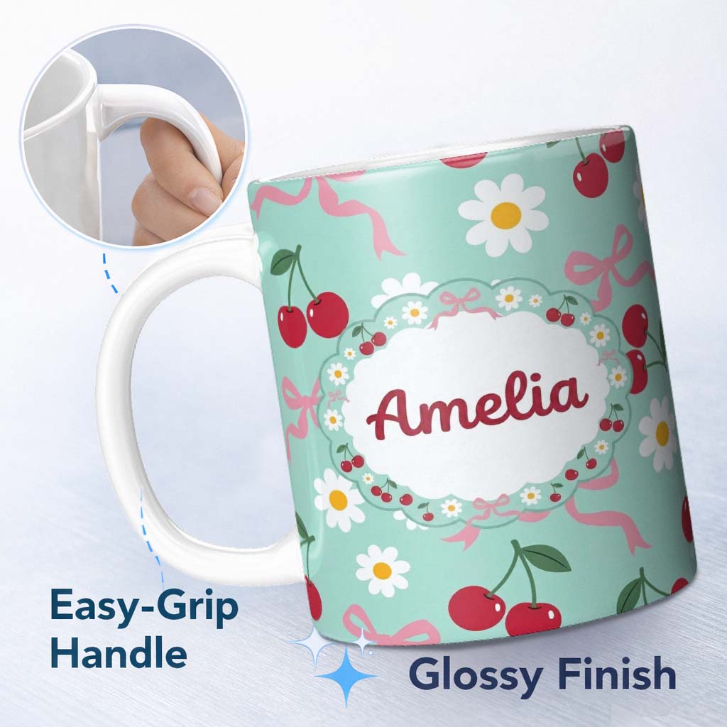 Personalized Custom Name Cute Cherry and Daisy Flowers with Pink Ribbon Bows Pattern Teal 11oz Ceramic Coffee Tea Mug White Large Handle