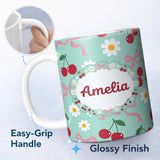 Personalized Custom Name Cute Cherry and Daisy Flowers with Pink Ribbon Bows Pattern Teal 11oz Ceramic Coffee Tea Mug White Large Handle