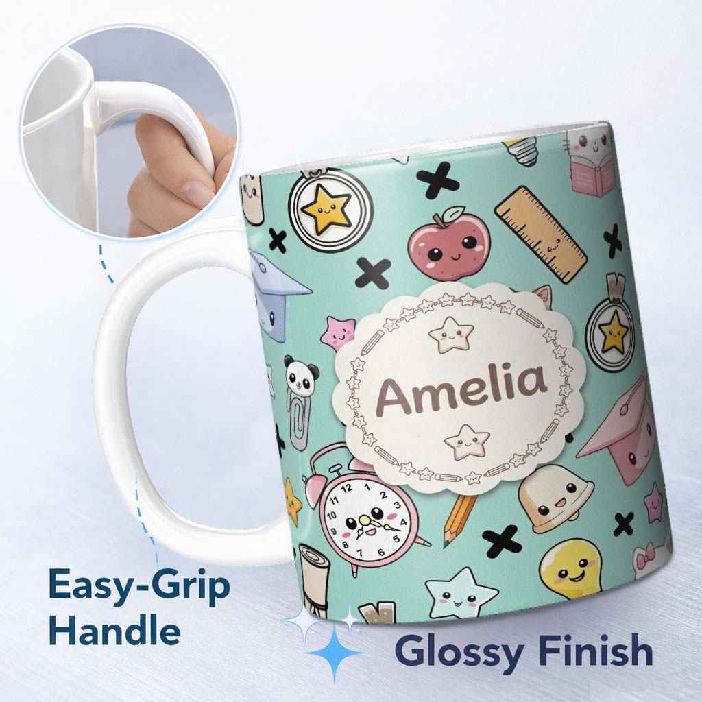 Personalized Custom Name Cute Kawaii School Supplies And Study Seamless Pattern Mint Lovely 11oz Ceramic Coffee Tea Mug White Large Handle