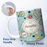 Personalized Custom Name Cute Kawaii School Supplies And Study Seamless Pattern Mint Lovely 11oz Ceramic Coffee Tea Mug White Large Handle