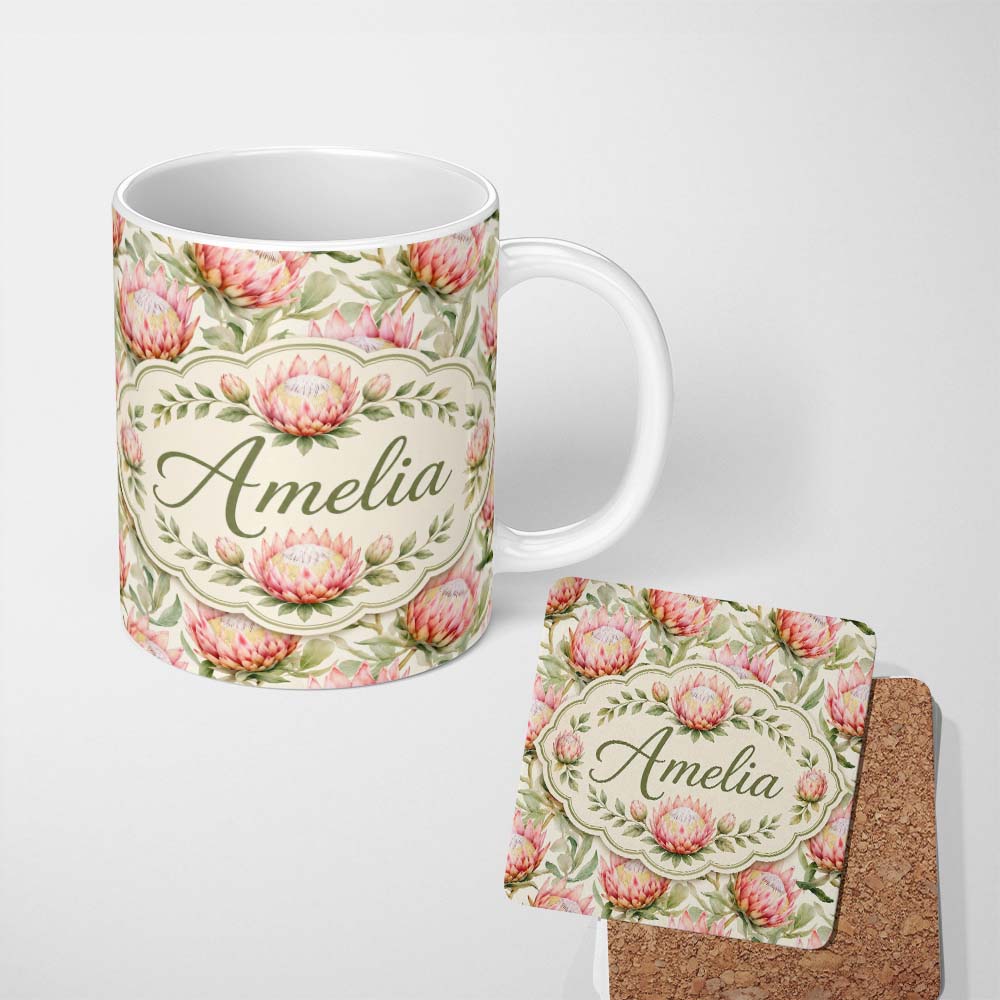 Personalized Custom Name Soft Pink Protea Flowers and Green Leaves Seamless Pattern Lovely 11oz Ceramic Coffee Tea Mug White Large Handle