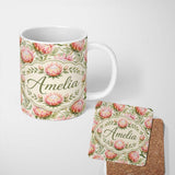 Personalized Custom Name Soft Pink Protea Flowers and Green Leaves Seamless Pattern Lovely 11oz Ceramic Coffee Tea Mug White Large Handle