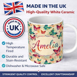 Personalized Custom Name Artistic Multicolor Butterflies with Paint Splash Background Lovely 11oz Ceramic Coffee Tea Mug White Large Handle