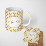 Personalized Custom Name Gold Christmas Tree Heart Seamless Pattern Design Minimal Festive 11oz Ceramic Coffee Tea Mug White Large Handle