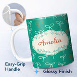 Personalized Custom Name Minimal Bow Line Art Green Background Cute Seamless Pattern Lovely 11oz Ceramic Coffee Tea Mug White Large Handle