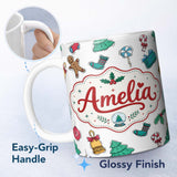 Personalized Custom Name Cute Gingerbread Cookie Ornament Bell Tree Seamless Pattern Lovely 11oz Ceramic Coffee Tea Mug White Large Handle